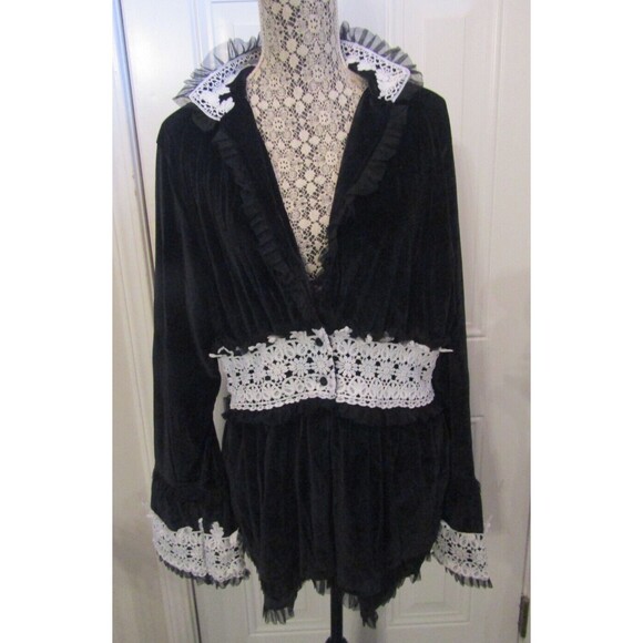 Womens Black Velvet Velour and White Lace Blouse Jacket Lined Size 3XL - Picture 1 of 7